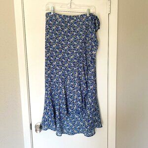 Max Studio Blue Floral Ruffle High Low Faux Wrap Maxi Skirt